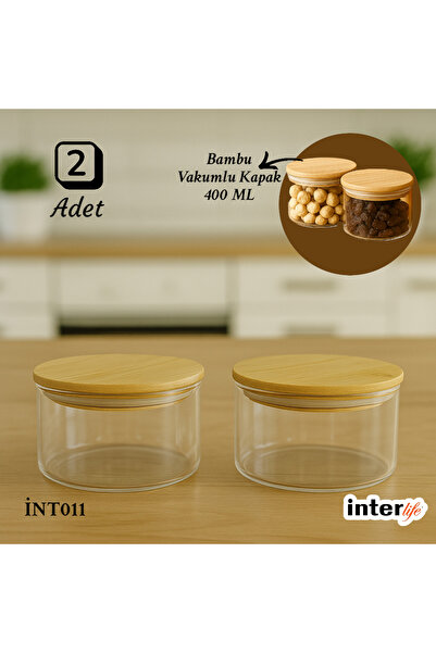 İnterlife 2-Piece Glass Breakfast Snack Bowl Candy Bowl with Wooden Vacuum Lid 510 ml