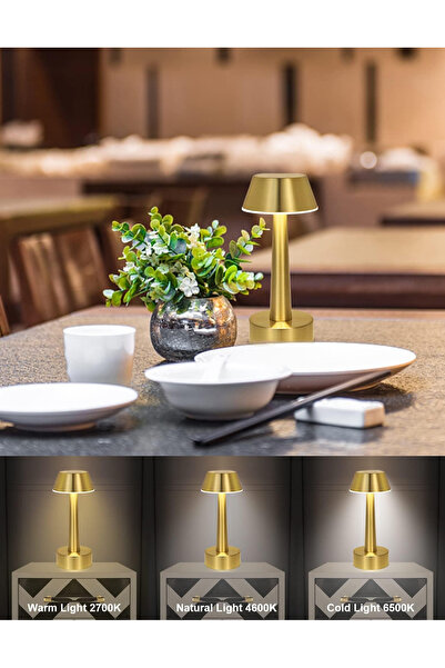 Unichrome Işık Ayarlı Dokunmatik Mantar Masa Lambası Metal 3 Işık Renkli Şarjlı Masa Lambası Gold