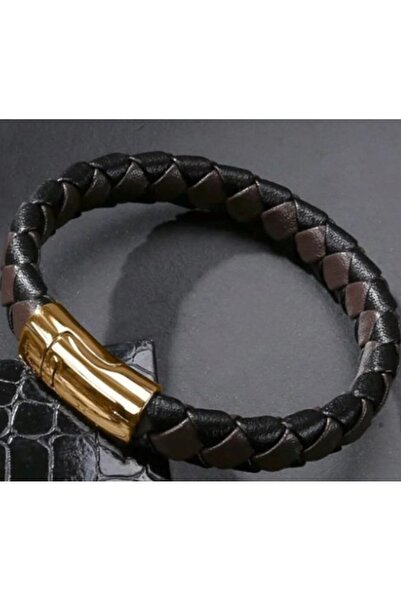 voyageaccessory Stylish Casual & Business Model Braided Leather Men's Bracelet with Gold Color Magnetic Steel Clip