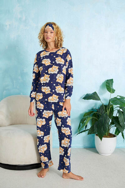 STELLAPİNK Lacivert Ayıcık Desenli Pamuklu Pijama Takımı