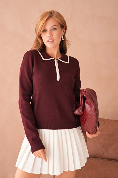 Park Karon Pulover tricotat pentru femei, cu guler polo, cu fermoar