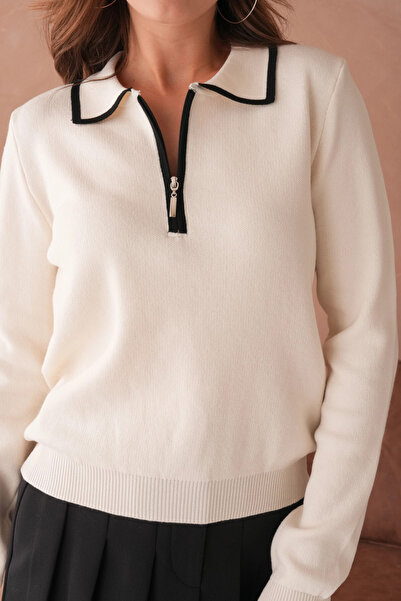 Park Karon Pulover tricotat pentru femei, cu guler polo, cu fermoar