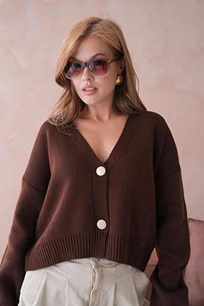 Park Karon Women's Polo Collar Button Detail Oversized Knitwear Cardigan