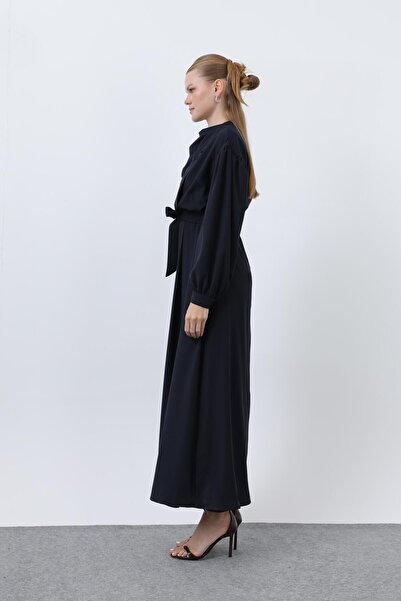 Puane Women's Belted Satin Dress - 12608Elb - Navy