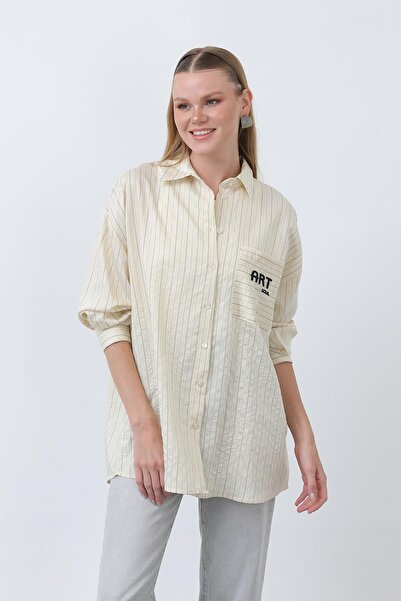 Soul Women's Striped Pocket Embroidered Shirt - 32329Gml - Beige-Black