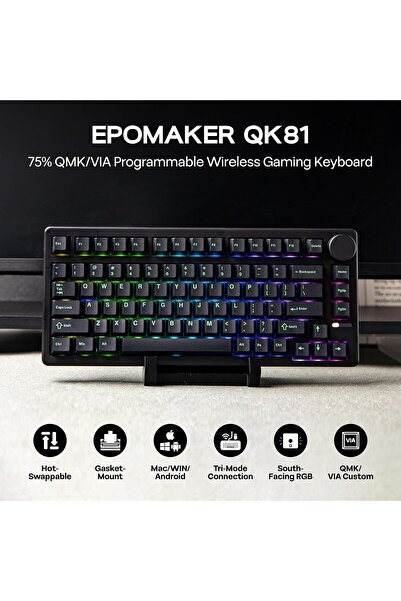 Epomaker QK81 75% Wireless Mechanical Gaming Keyboard, 81 Keys, QMK/VIA, Hot-Swappable, RGB (Black)