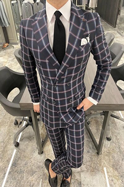 Fc Plus KENDİNDEN DESENLİ KRUVAZE LACİVERT TAKIM ELBİSE