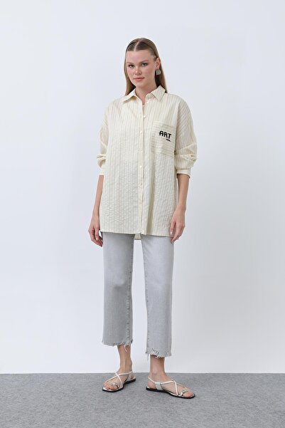 Soul Women's Striped Pocket Embroidered Shirt - 32329Gml - Beige-Black