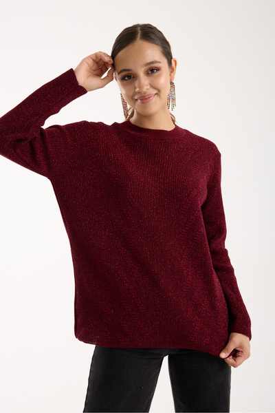 Moda Days Women's Burgundy Thessaloniki Knitted Crew Neck Glitter Knitwear Sweater