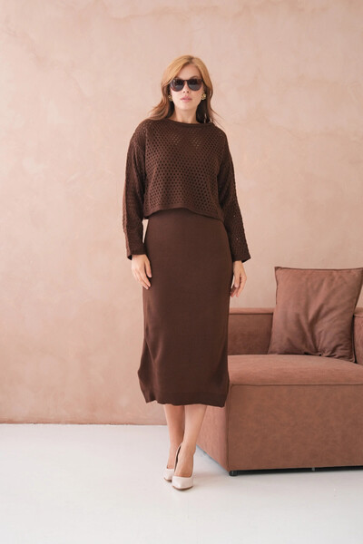 Park Karon Women's Wide Collar Knit Detail Two-Piece Knitwear Set