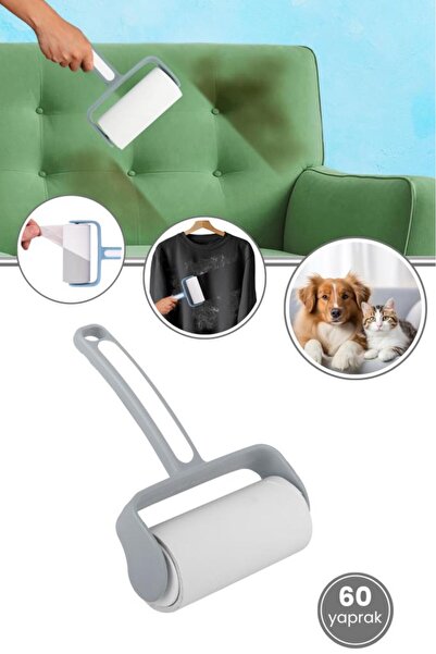 Flora Tüy Toplayıcı, Kedi Köpek Tüyü Elbise Kanepe Araba Koltuğu Yapışkanlı Temizleme Rulosu 60 Yaprak Gri