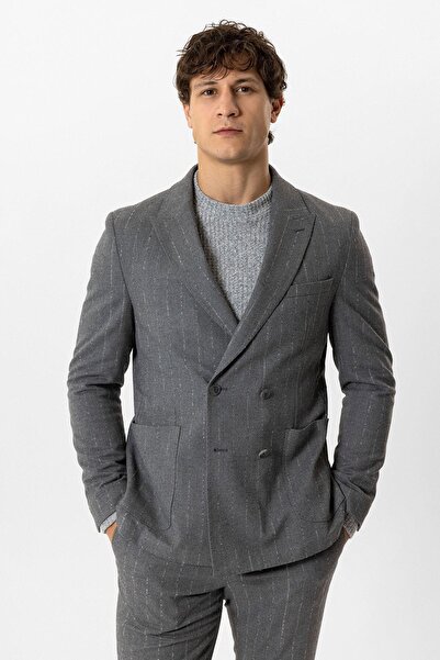 Back And Bond Gri Slim Fit Kırlangıç Yaka Çizgili Kruvaze Ceket