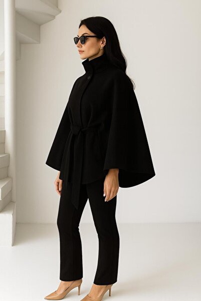 Ramior Жіночий чорний палантин з чорним поясом – стильний зимовий верхній одяг і модна модель оверсайз