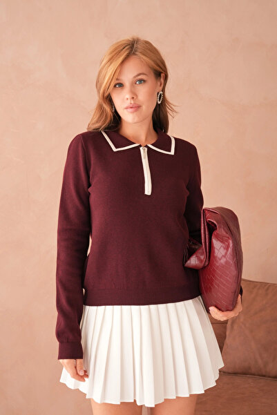 Park Karon Pulover tricotat pentru femei, cu guler polo, cu fermoar