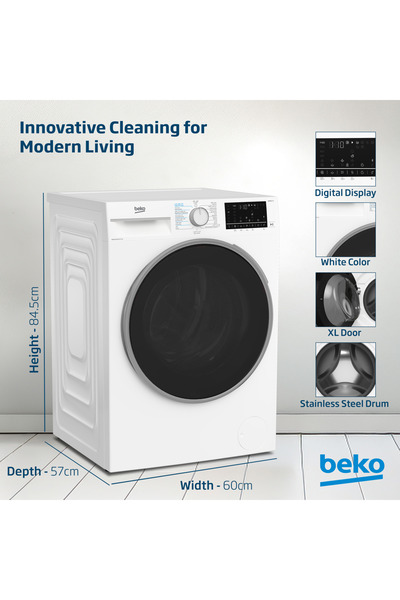 Beko غسالة ملابس سعة 8 كجم مع مجفف سعة 5 كجم، 1400 دورة في الدقيقة، 15 برنامجًا، ضوضاء منخفضة، خاصية SteamCure، WD8514W (أبيض)