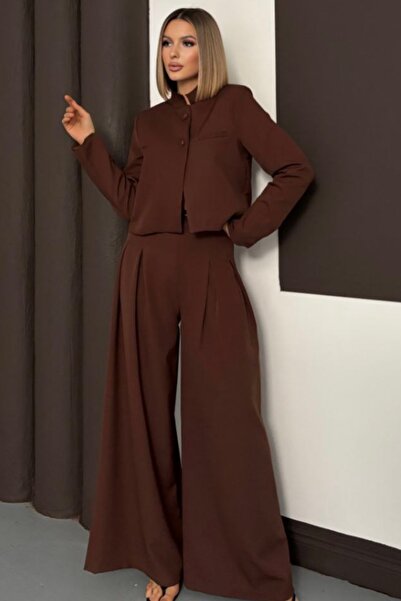 Ded COLLECTION Women's Crop Blazer Jacket and High Waist Wide Leg Pleated Waist Detail Pants Set