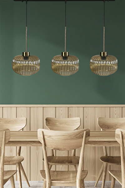 Bamyum Mola Üçlü Avize Bal Rengi Cam İnce Eskitme Başlık Retro Sarkıt Lamba Salon Aydınlatma