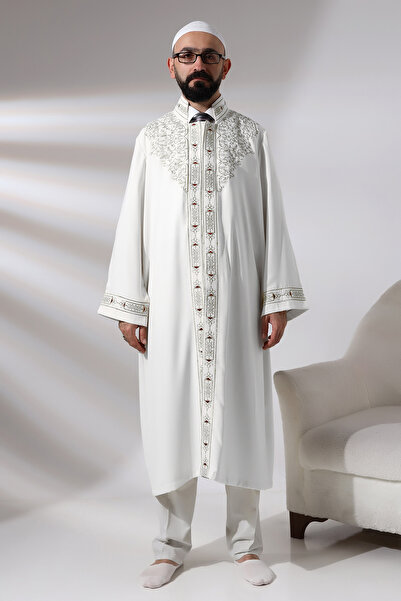 ihvan online White Men's Prayer Robe Judge Collar Embroidered Imam Robe