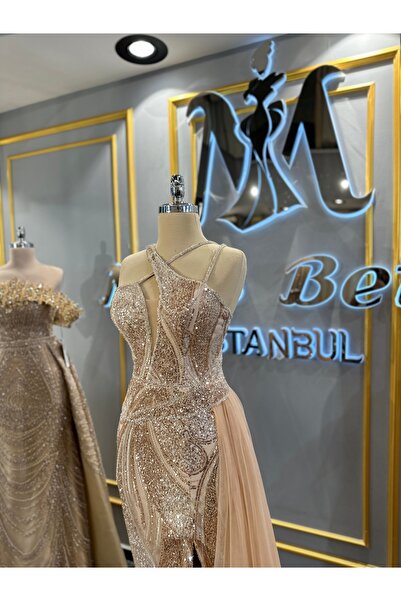 MissBetül Full Dantel Çapraz Askılı Yırtmaçlı Abiye Nişan Elbisesi