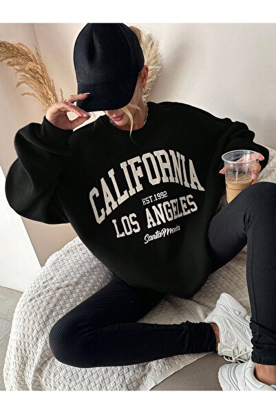 DİVİN -Women's Black Printed Sweatshirt 3-Thread Quality Fabric Oversized Cut