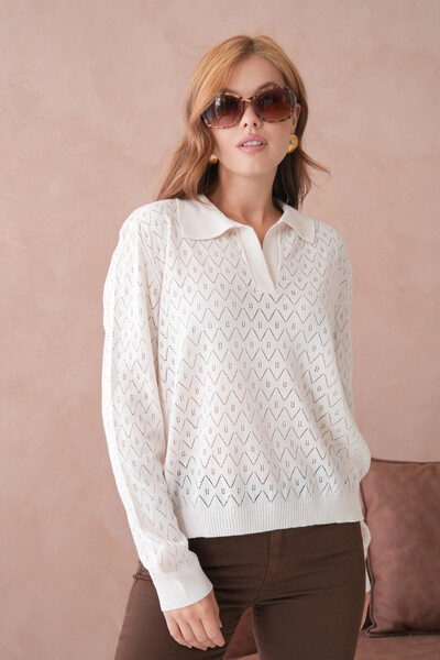 Park Karon Pulover de tricotat supradimensionat pentru femei, cu guler polo, cu detalii tricotate