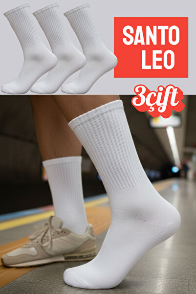 SANTO LEO 3 Çift Pamuklu- Tenis - Kolej -Soket Boy-Beyaz - Rahat - Esnek - Sp...