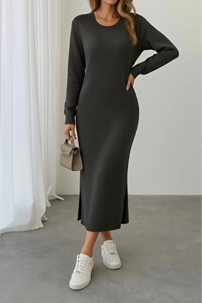 ARONA Mdb Women's Long Sleeve Crew Neck Slit Detail Knitwear Midi Length Dress
