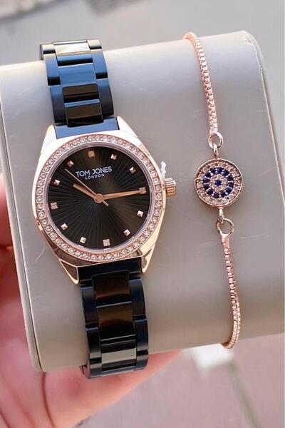 Tom Jones kadın kol saati siyah roze çelik orjinal 3 atm su geçirmez 2 yıl ga...