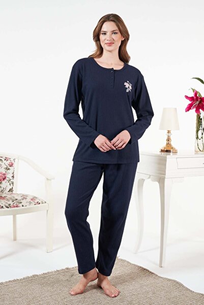 REMSA Women's Interlock Ş Fleece-Lined F Corded Fabric Pajama Set 25330 Navy Blue