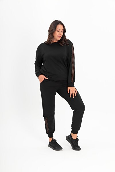 Ebsumu Γυναικείο σετ αθλητικής φόρμας μεγάλου μεγέθους με διάφανα μανίκια και λαιμόκοψη μαύρο