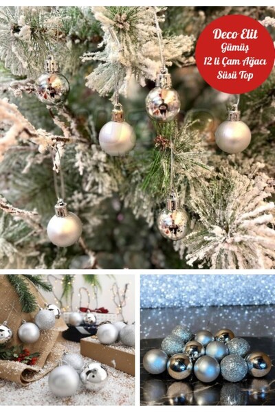Deco Elit 12-dijelni božićni ukras za jelku, srebrni – 4 cm, sjajni i Sa šljo...