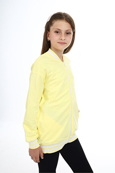 Toontoy Ανοιχτό κίτρινο πλεκτό ζακέτα για κορίτσια με φερμουάρ με τύπωμα - 2 κλωστές