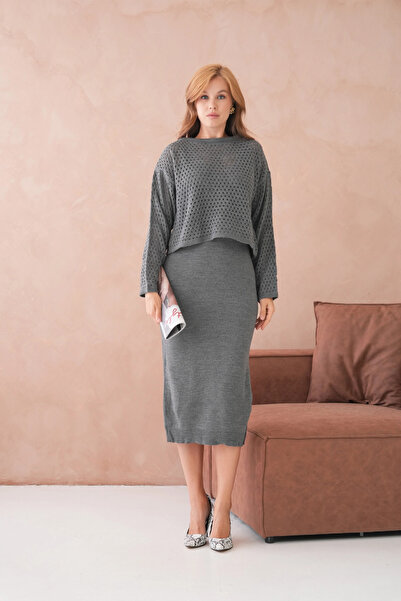 Park Karon Women's Wide Collar Knit Detail Two-Piece Knitwear Set