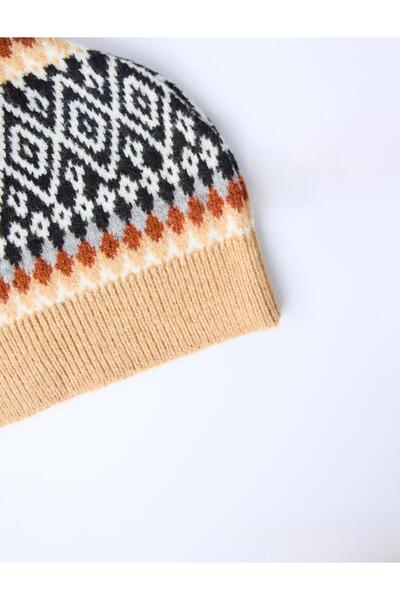 Jimmy Key Brown Baklava Patterned Beanie with Pompom Detail