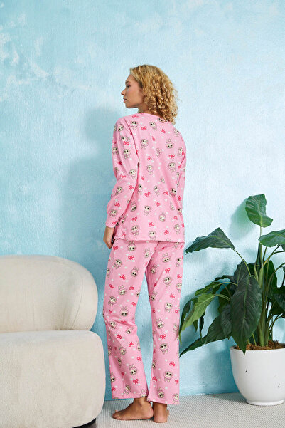 STELLAPİNK Pembe Karakterli Fiyonk Desenli Pamuklu Pijama Takımı