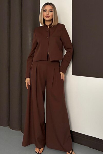 Ded COLLECTION Women's Crop Blazer Jacket and High Waist Wide Leg Pleated Waist Detail Pants Set