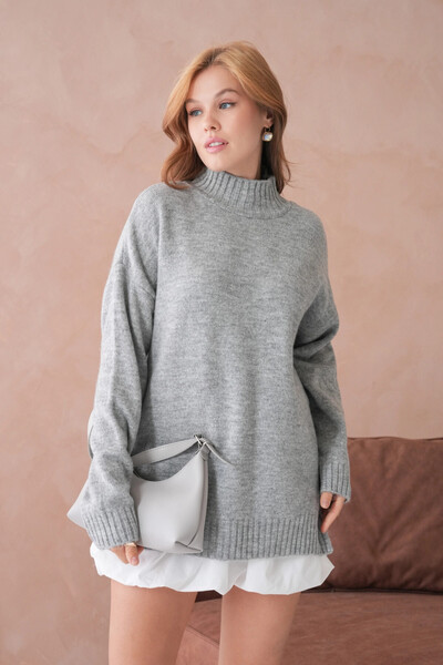 Park Karon Women's Half Turtleneck Slit Oversized Knitwear Sweater