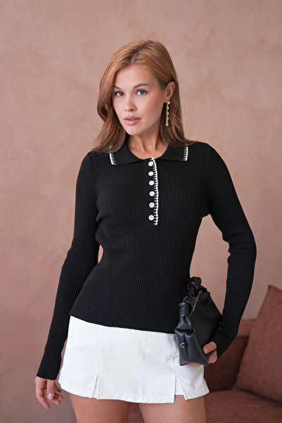 Park Karon Women's Polo Yak Agarni Stitched Ribbed Knit Knitwear Sweater