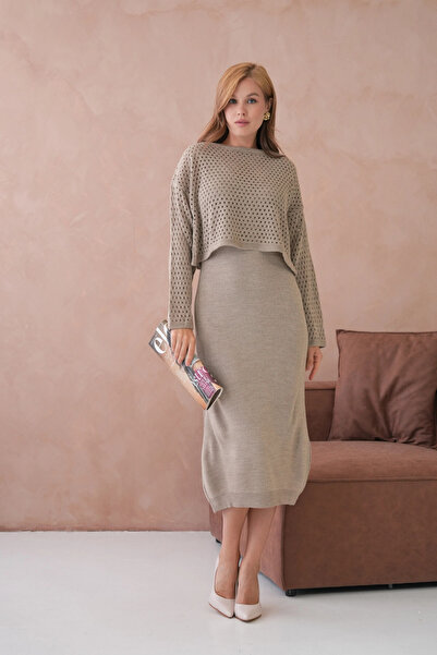 Park Karon Women's Wide Collar Knit Detail Two-Piece Knitwear Set