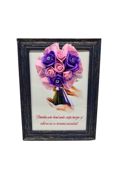 T&M Personalizare Tablou înrămat A4 (30x21 cm) - „Familia este locul unde viața începe și dragostea nu se termină niciodată” - Floare de săpun mov