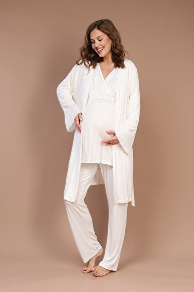 Pelin Women's Ecru Double-Breasted Collar Lace Maternity 3-Piece Pajama Set