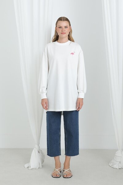 Puane Women's Paneled Tunic with Flamingo Embroidery on the Back - 10630Tun - Ecru