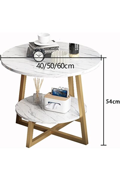 Twinkle Mart Coffee Table, 2-Tier Round Side Table with Marble Effect Top (50 x 50 x 54 cm, Gold)