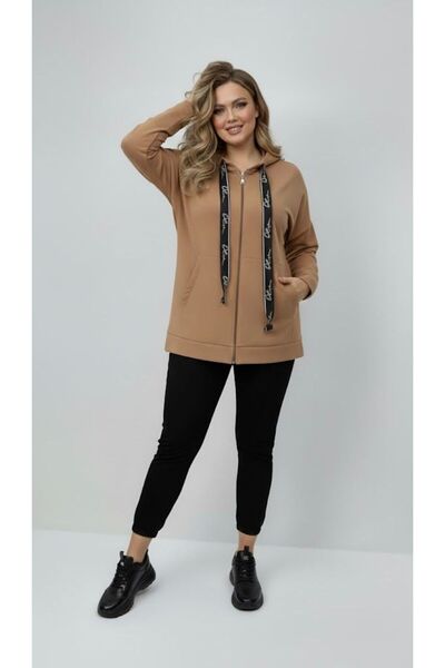 Koza Butik Women's Plus Size Long Sleeve Hooded Zipper Detailed Sweatshirt 2007