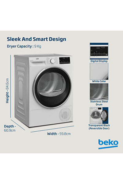Beko مجفف ملابس مكثف سعة 9 كجم، 15 برنامجًا، منخفض الضوضاء، تجفيف مستشعر متقدم، تيار مستمر 9 واط (أبيض)