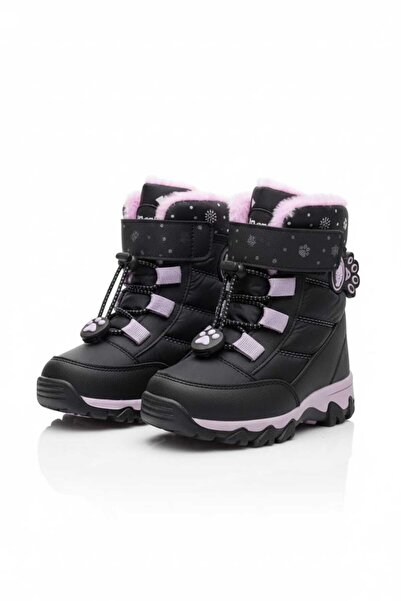 Moda Kadıköy Girls' Black Lilac Fur-Lined Cold-Resistant Waterproof Snow Boots with Rubber Soles