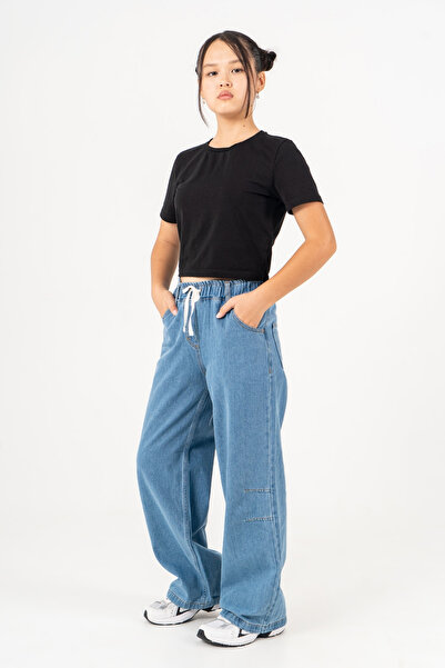 GİYİCEM TEKSTİL Girls' Casual School Style Lace-Up Wide Leg Jean Pants 2223