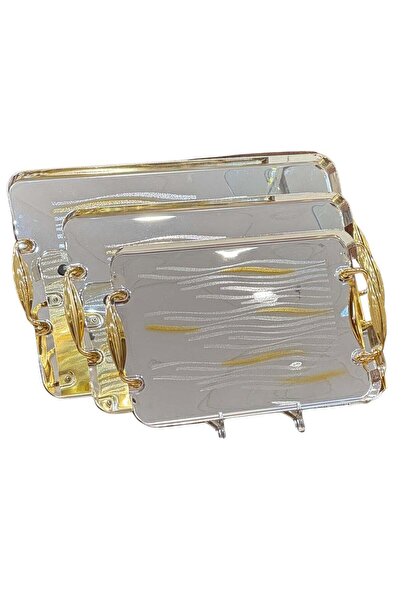 ALQANNAS Serving Tray Set of 3 Pieces Made of Stainless Steel with Golden Handles | High Quality and Modern D