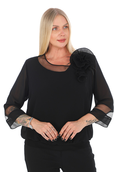 KİFAYET Büyük Beden (50-56) Sandy Şifon Tül Yaka 3D Çiçek Aksesuar Beli Lastikli Şık Kadın Bluz