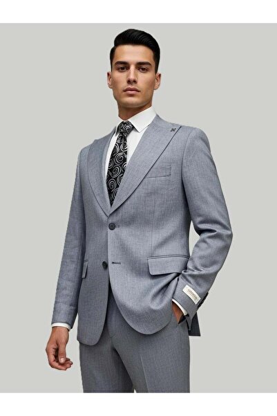 HERMOSE بدلة رمادية ميلانج باللون الأزرق الفاتح بأزرار على الجهتين – مقاس حديث